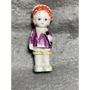 VINTAGE 3 1/2 INCH BISQUE GIRL DOLL‎ POCKETBOOK UNDER LEFT ARM PURPLE COAT